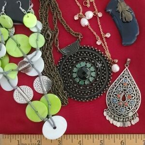 5 Damaged/Missing Jewelry Lot Lime Green, Teal Stone, Pearl, Chain, Rustic Round